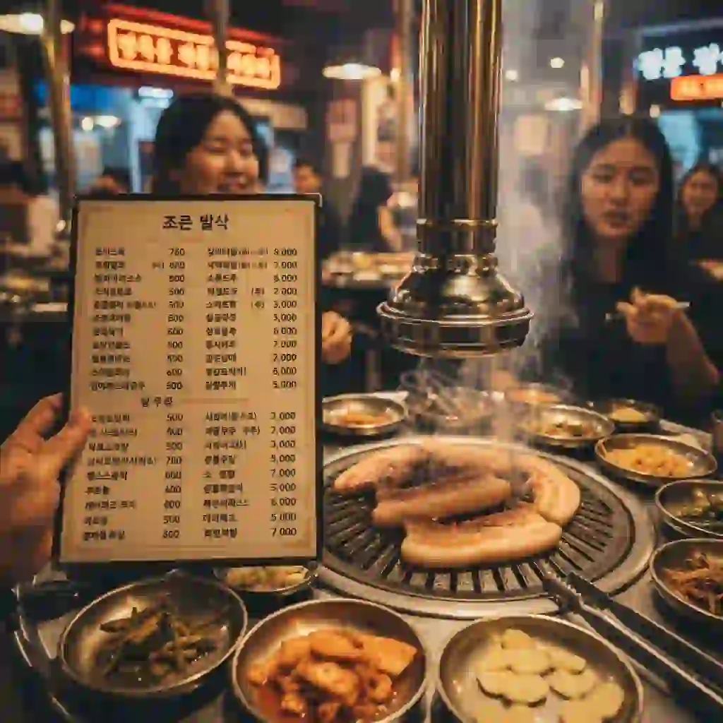 A traveler studies a Korean BBQ menu with unfamiliar characters, relying on a korean to english image translator to scan the photo, extract dish names, translate descriptions, and confidently choose the right meal abroad.