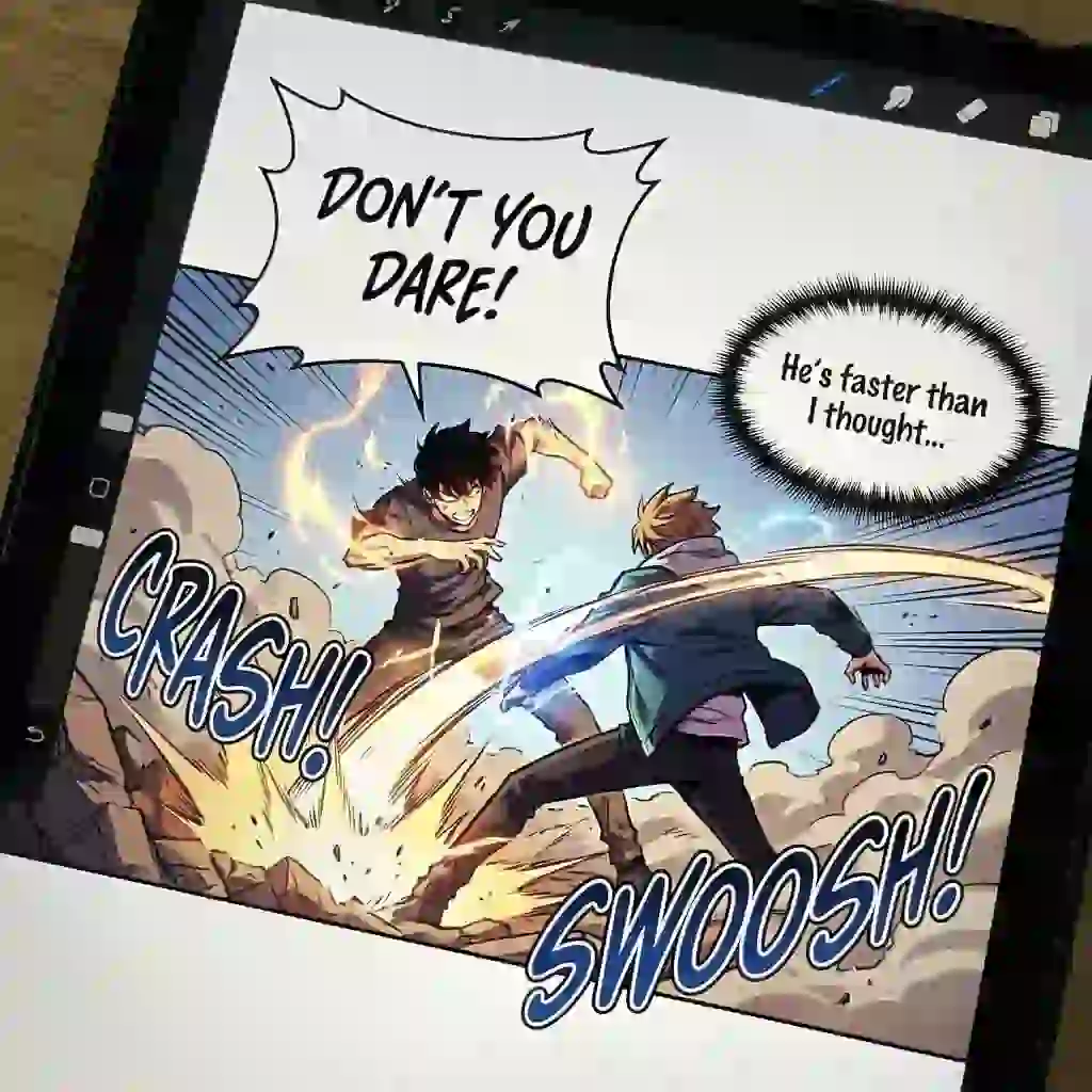 A webtoon panel is transformed by a korean to english image translator, replacing foreign text with fluent English while preserving typography, speech bubble alignment, and background art for a natural reading experience.