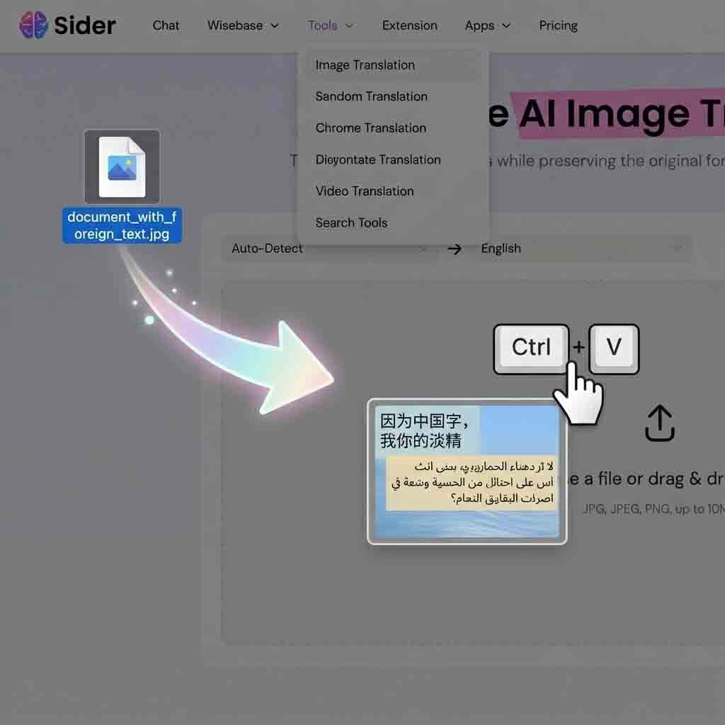 Uploading or pasting screenshots directly into the sider ai image translator, demonstrating efficient submission methods that accelerate translation without extra steps or disruptive context switching.