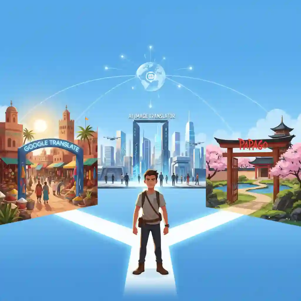 A montage featuring Google Translate, Ai Image Translator, and Papago compares strengths to help users pick the best image translator for travel, professional documents, and language learning across diverse real‑world scenarios.