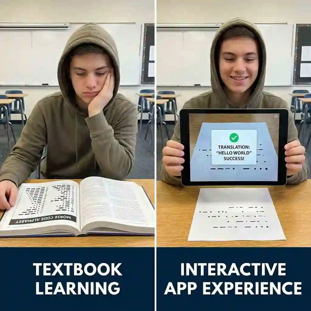 Teachers and students engage with our interactive morse code translator image app to practice and verify their learning of the morse code alphabet through visual examples.