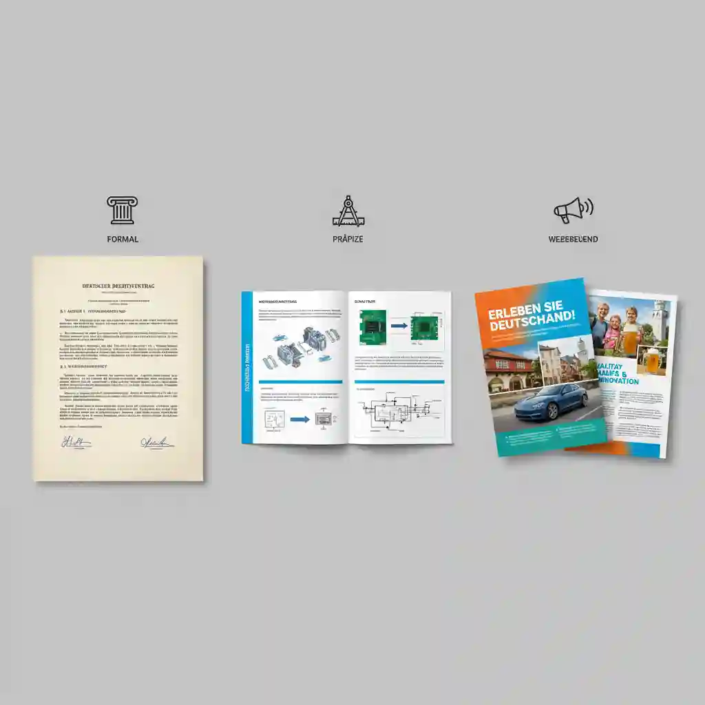 Graphic identifying document types to translate german image to english appropriately, distinguishing contracts, manuals, and brochures, and aligning tone, formality, and style to match the intended audience and purpose.