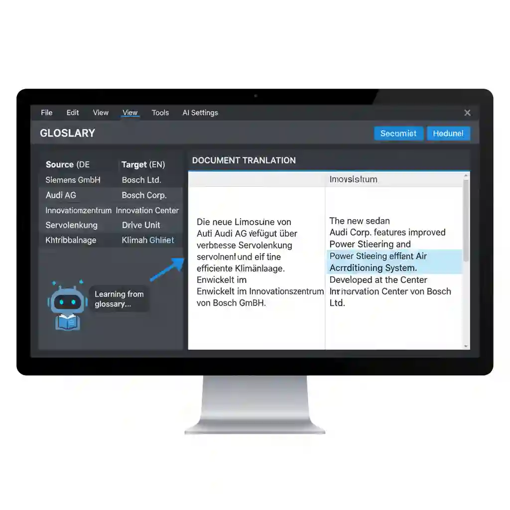 Screenshot of glossary feature helping teams translate german image to english consistently, predefining key terms, product names, and technical vocabulary to improve uniformity across complex documents and multi‑page projects.