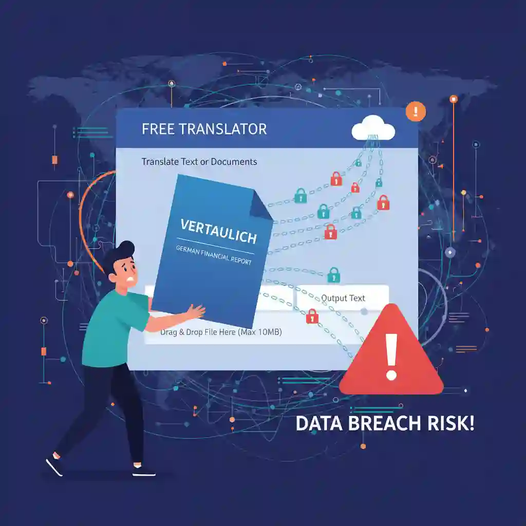 Infographic warning about privacy risks when using free tools to translate german image to english, reminding users that uploads may train models and expose sensitive financial or confidential information inadvertently.
