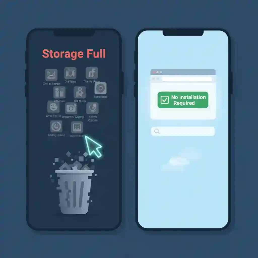 Graphic explaining zero-installation benefits for how to translate from an image, emphasizing instant access, no storage cost, and efficient browser-based photo text translation for occasional tasks across platforms.