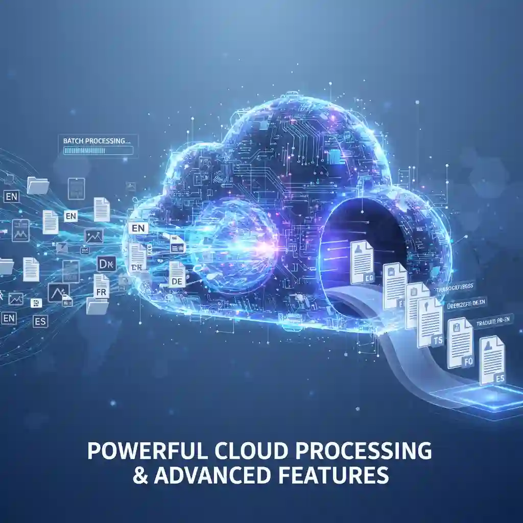 Server processing visualization showing how to translate from an image at scale, where cloud resources boost OCR accuracy and handle complex backgrounds, delivering reliable scan-and-translate results faster.