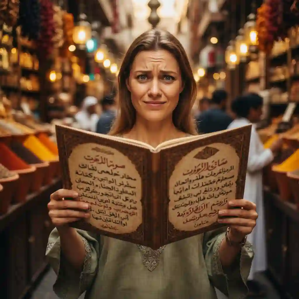 Traveler in Dubai souk reading Arabic menu, using apps to translate arabic from image, overcoming language barriers to order confidently and enjoy authentic local dishes, signs, and cultural experiences.