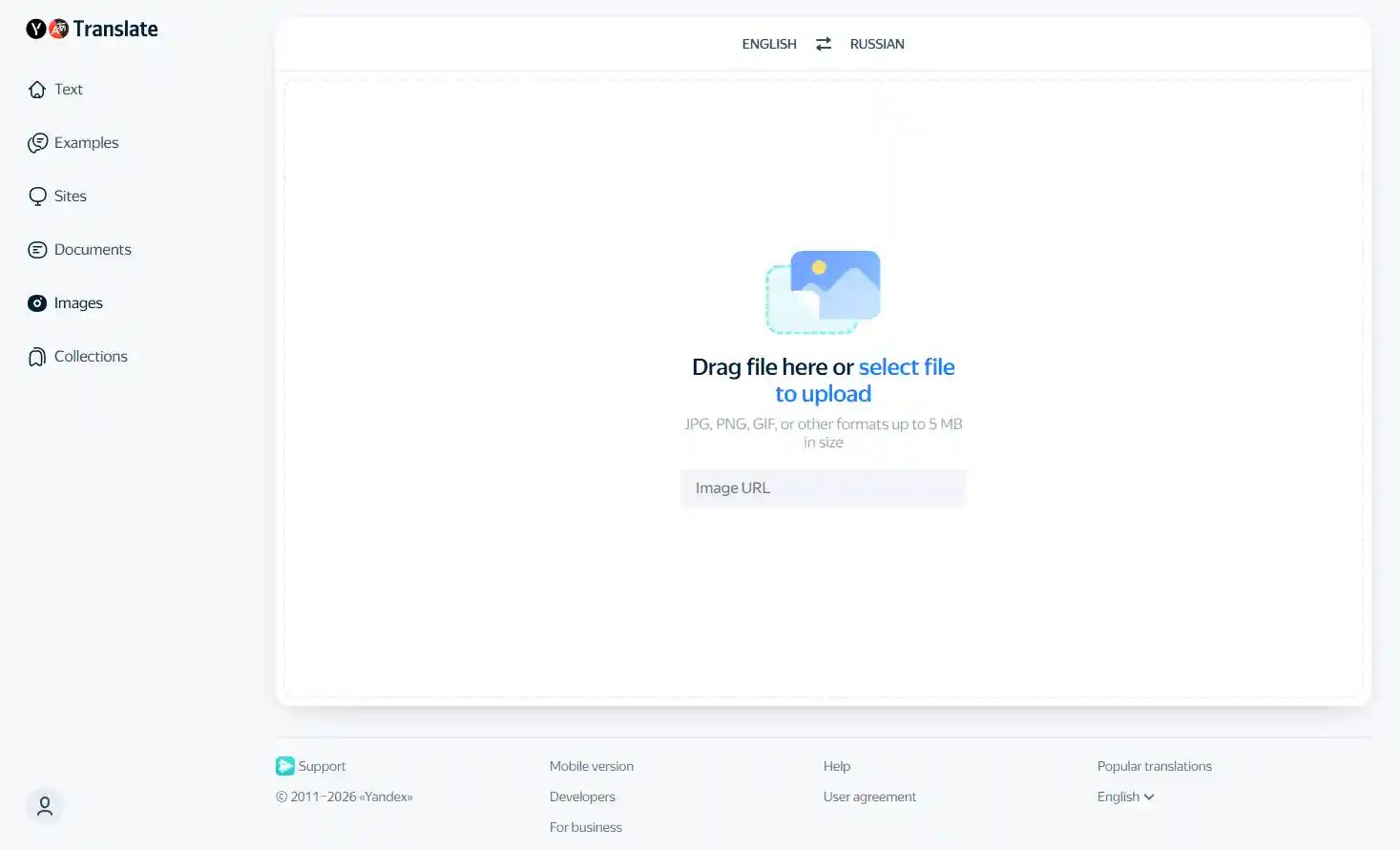 Yandex Translator web interface showing a file upload for translation.