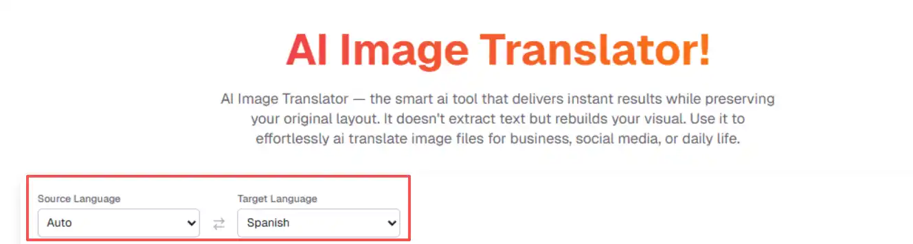 Step one language selection screen showing Arabic chosen or auto-detect enabled, a foundational setup to translate arabic from image effectively before uploading menus, signs, labels, and everyday travel screenshots.