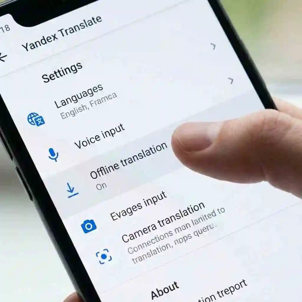 Settings screen showing offline language packs configured for yandex translate image, enabling camera and screenshot translation to work reliably when traveling without Wi‑Fi or mobile data.