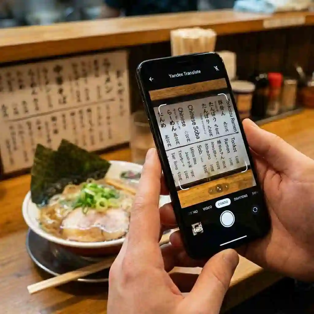 Result view from yandex translate image showing English labels over Japanese menu items, illustrating clear overlays and readable formatting for confident ordering while traveling.