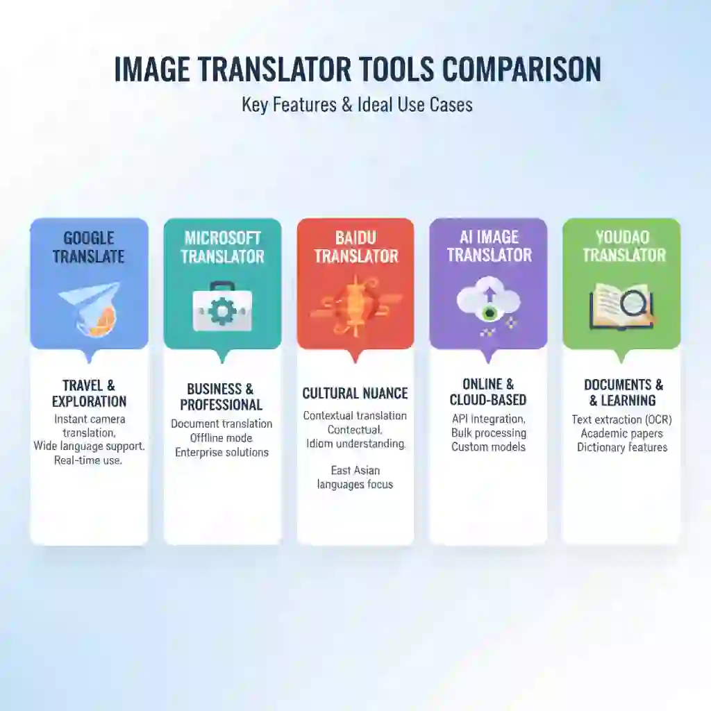 Feature comparison table summarizing strengths of each chinese translator from image, including real-time camera, document accuracy, cultural understanding, and online convenience.