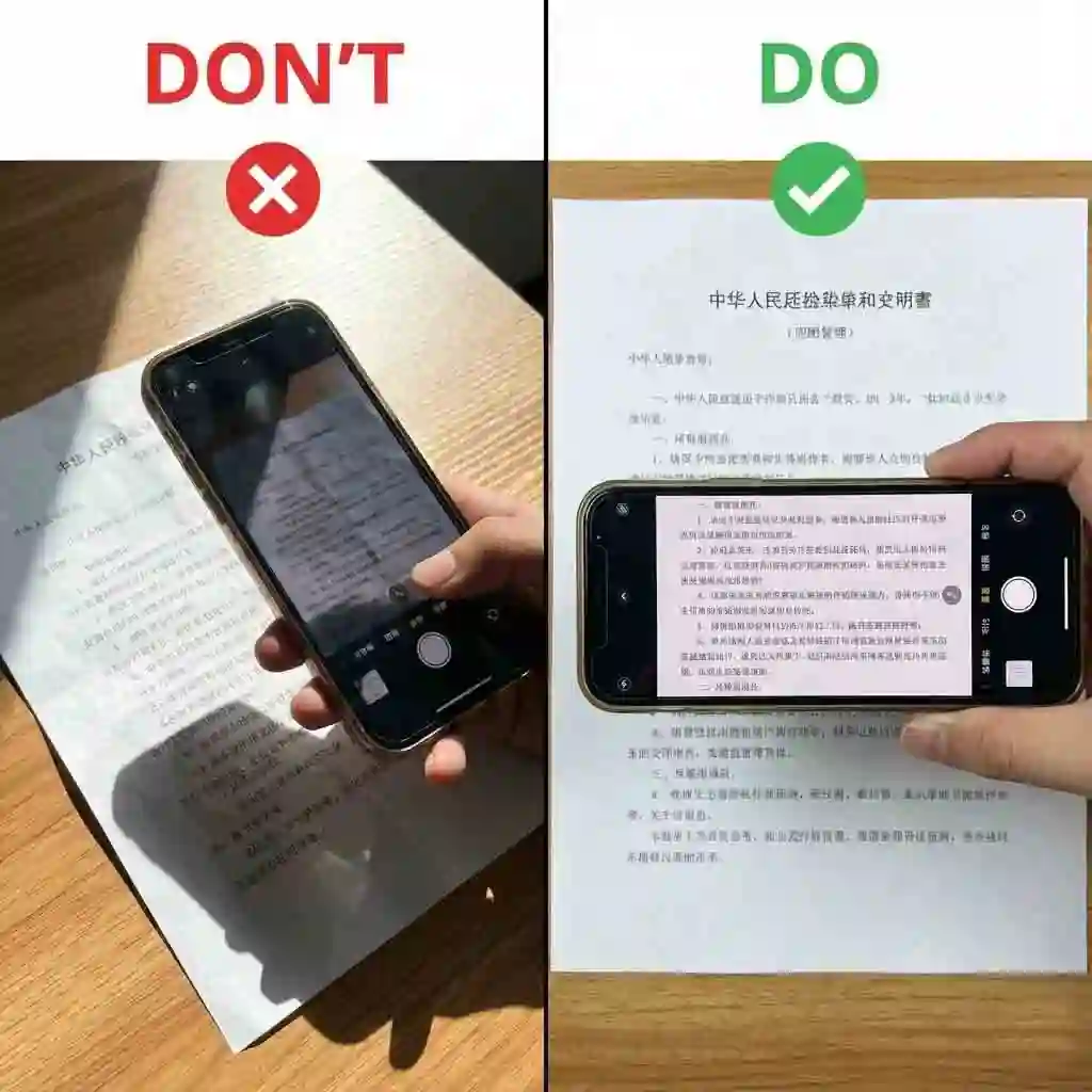 Demonstration of proper lighting and camera angle so a chinese translator from image captures clear text, reducing glare and shadows for better OCR.