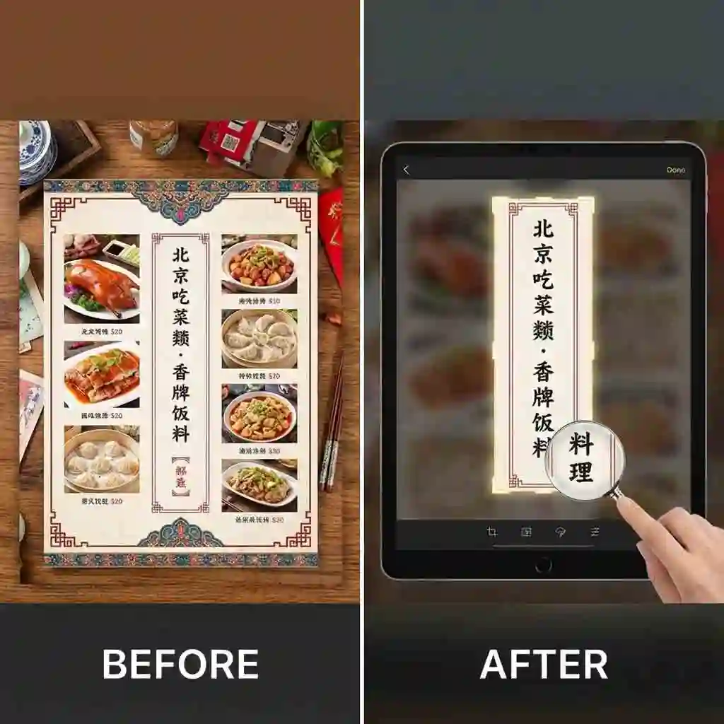 Cropping images to focus on text helps a chinese translator from image avoid background distractions and improve recognition accuracy for menus and signage.