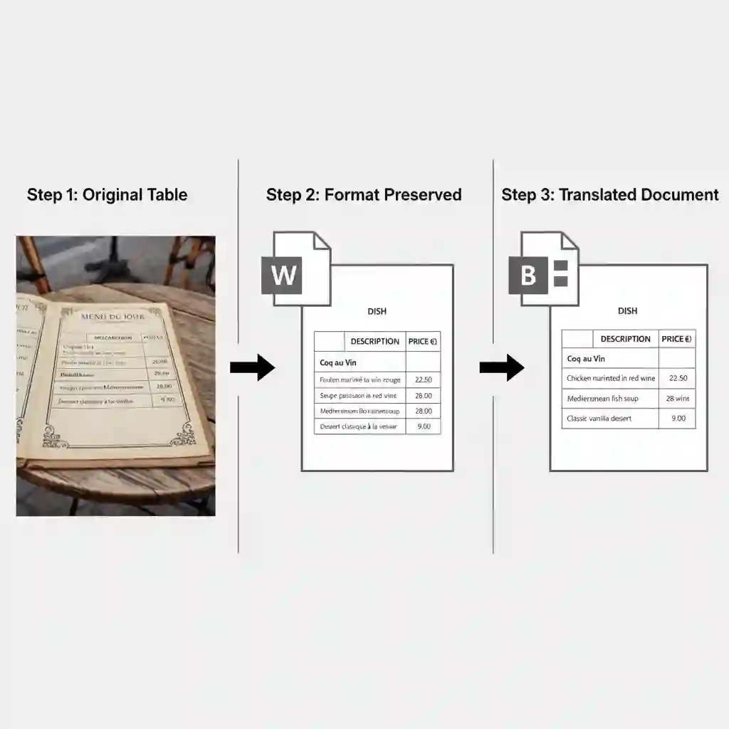 Demonstration of converting French image to editable Word retains original structure, enabling precise proofreading and controlled french to english image translation with preserved formatting.