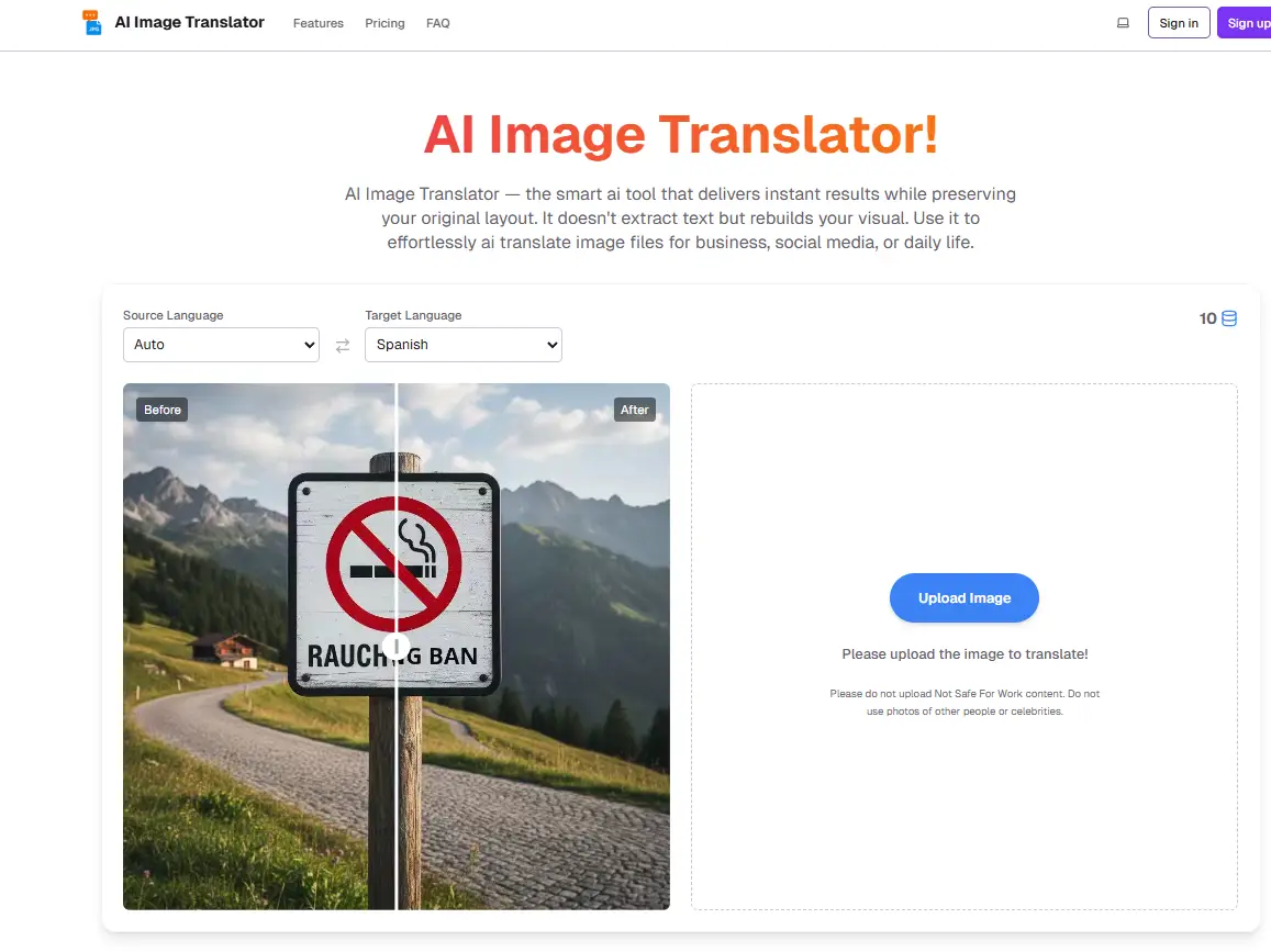 Online AI image translator requires no download, performs high-quality french to english image translation, and preserves original layout for screenshots, documents, and menus with professional accuracy.