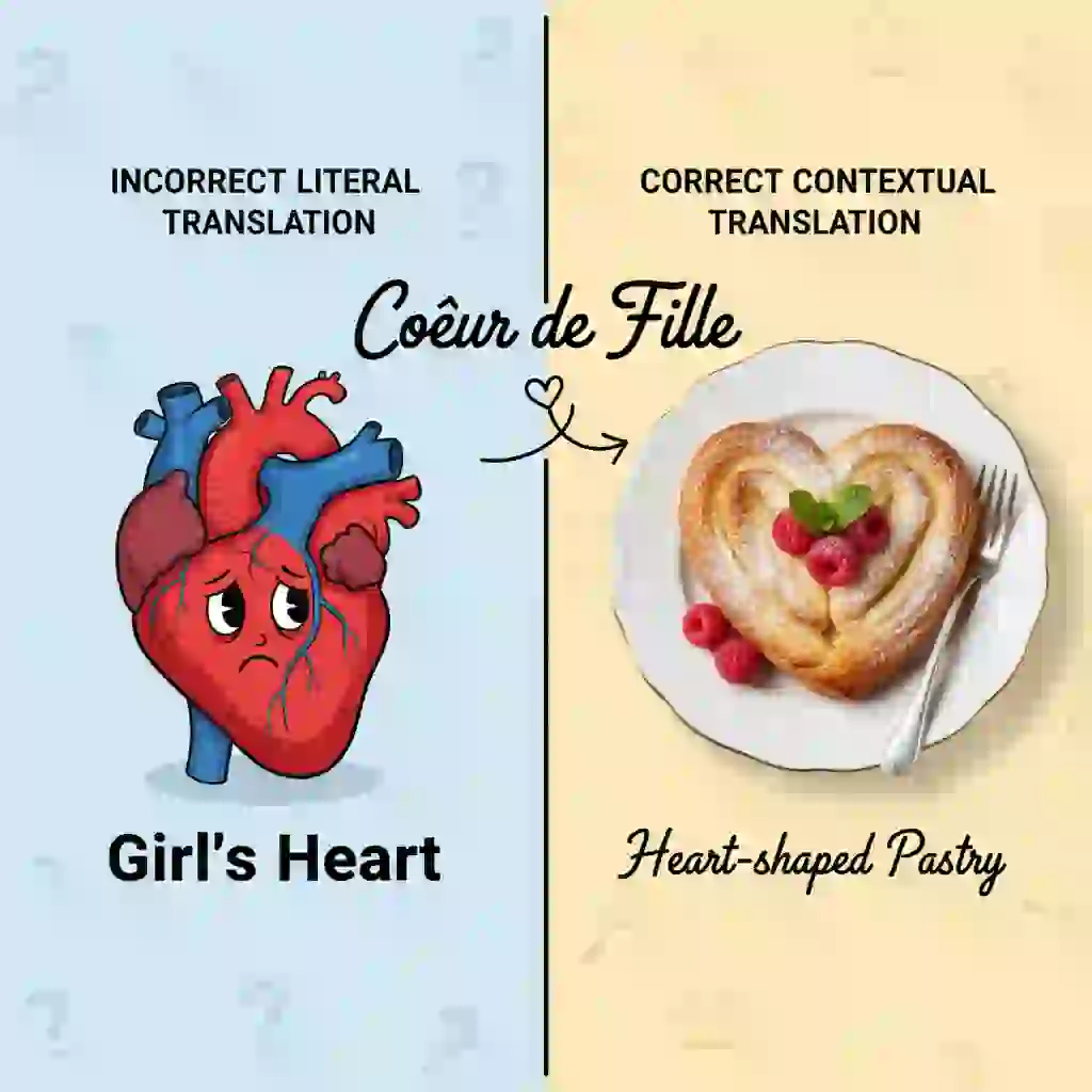 Example shows cultural context errors during french to english image translation, where literal rendering of French dessert names misleads readers; advanced models and human review recover intent, tone, and food terminology accurately.