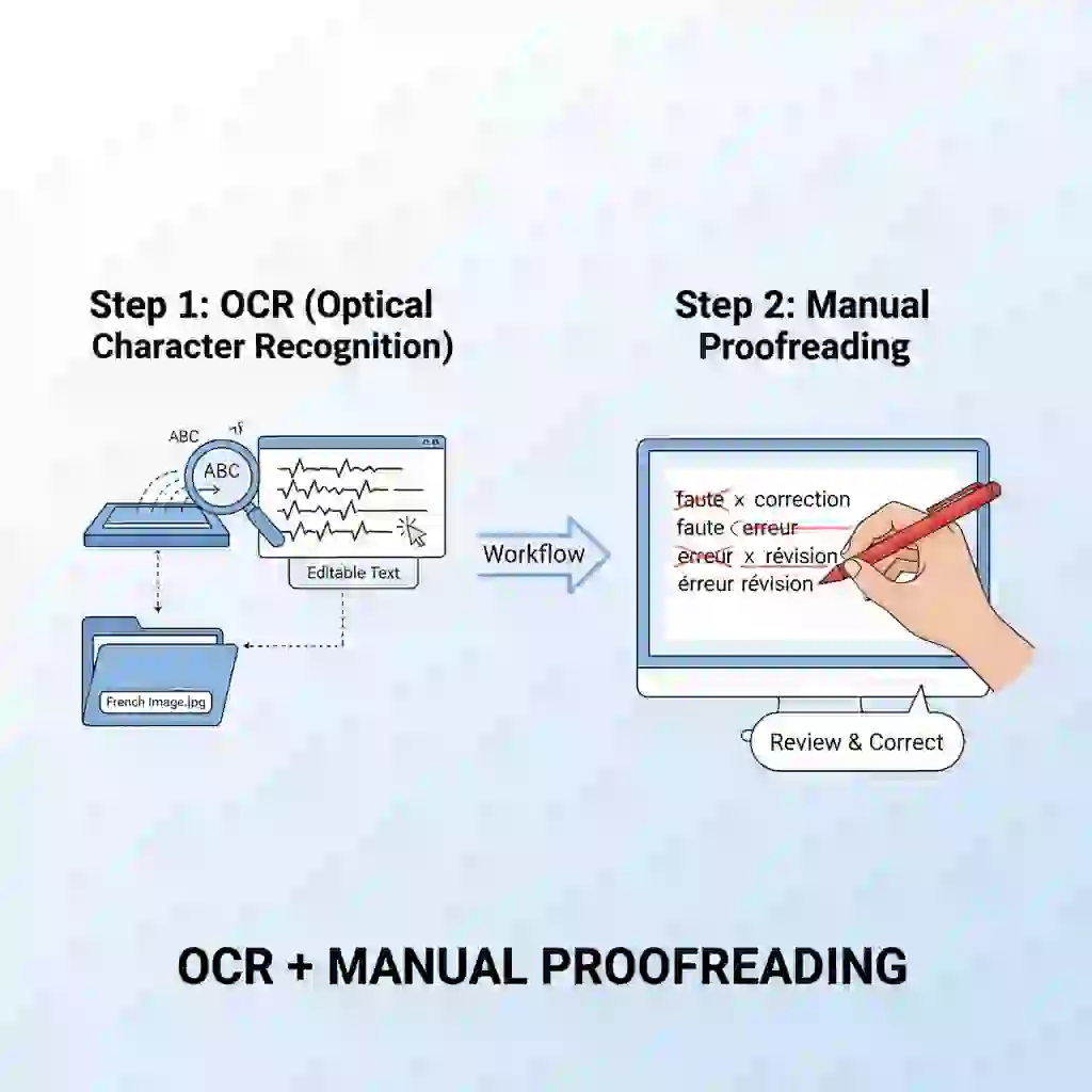 Workflow demonstrates using French OCR Translation followed by manual proofreading to strengthen french to english image translation accuracy, catching numbers, dates, and proper nouns often misrecognized by automated tools.
