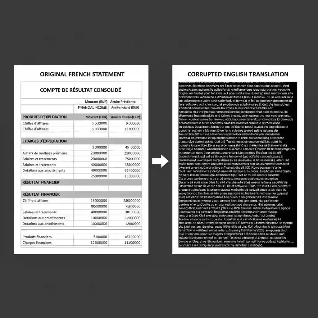 Example shows layout recognition preserving tables and columns during french to english image translation, preventing text walls and keeping data readable for invoices, statements, and structured documents.