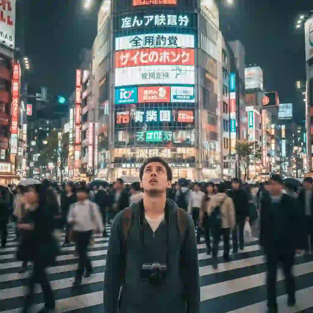 Traveler stands before a complex Japanese street sign, struggling to understand until using a kanji translator image to scan and translate characters, revealing clear English guidance that transforms confusion into confident navigation within seconds.