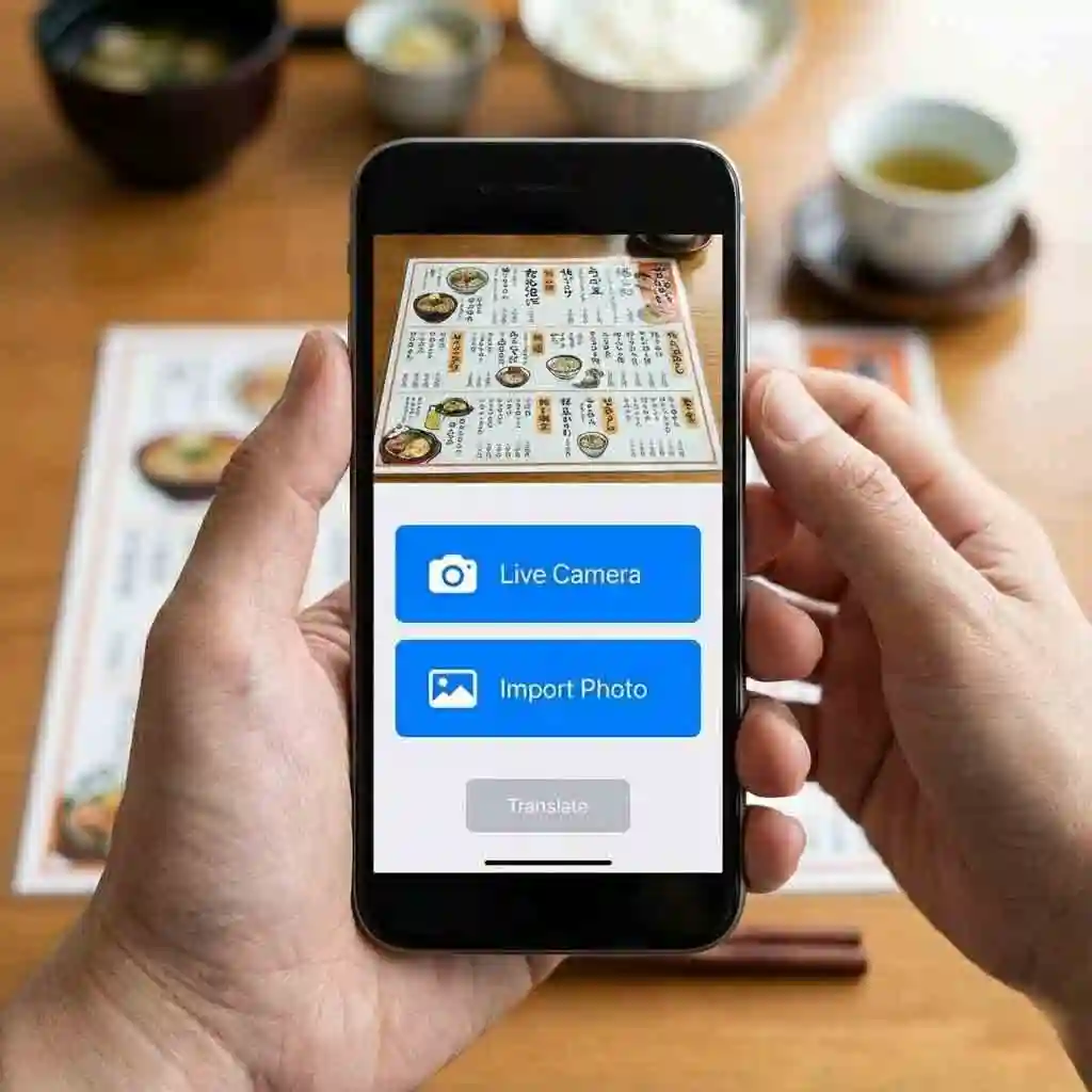 App interface presents live camera and photo modes in a kanji translator image, letting users choose instant overlay for quick glances or detailed photo-based translation for careful reading of complex Japanese text.