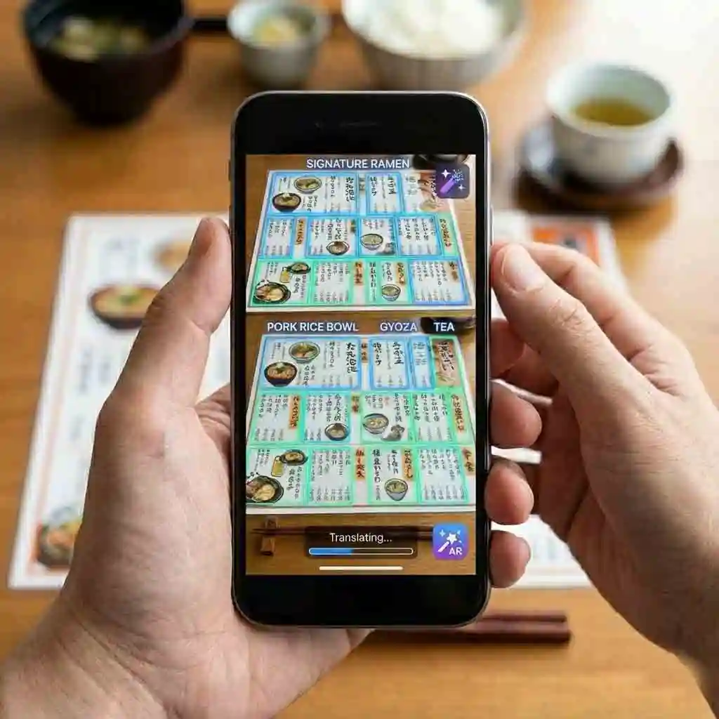 Scanning workflow shows a kanji translator image detecting text regions automatically, highlighting characters and returning rapid English translations that convert confusion into clarity within seconds.