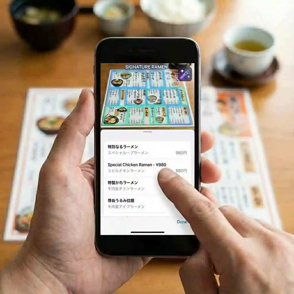 User verifies kanji translator image results by double-checking prices, allergens, and key details, ensuring accuracy before ordering food or making decisions, a fast final step that prevents mistakes in real-world scenarios.