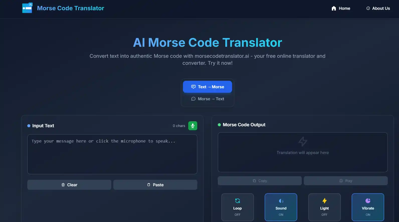 Screenshot of MorseCodeTranslator.ai showing an advanced image morse code translator with deep-learning AI, fault tolerance, and high accuracy decoding difficult blurry photos into clear English text.