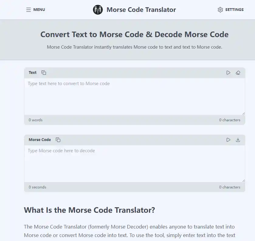 MorseCodeTranslator.com interface illustrating a lightweight image morse code translator optimized for speed, delivering near-instant OCR conversions from pictures and screenshots for quick verification and testing.