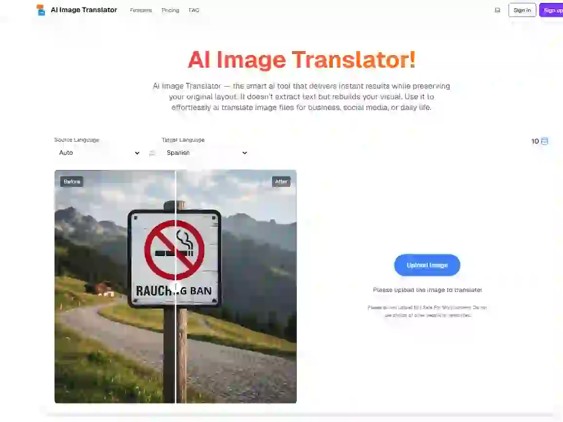 Overview of our AI Image Translator used as a chinese image translator, supporting one‑click uploads, target language selection, and model choices for high accuracy or layout preservation when translating Chinese text from images.