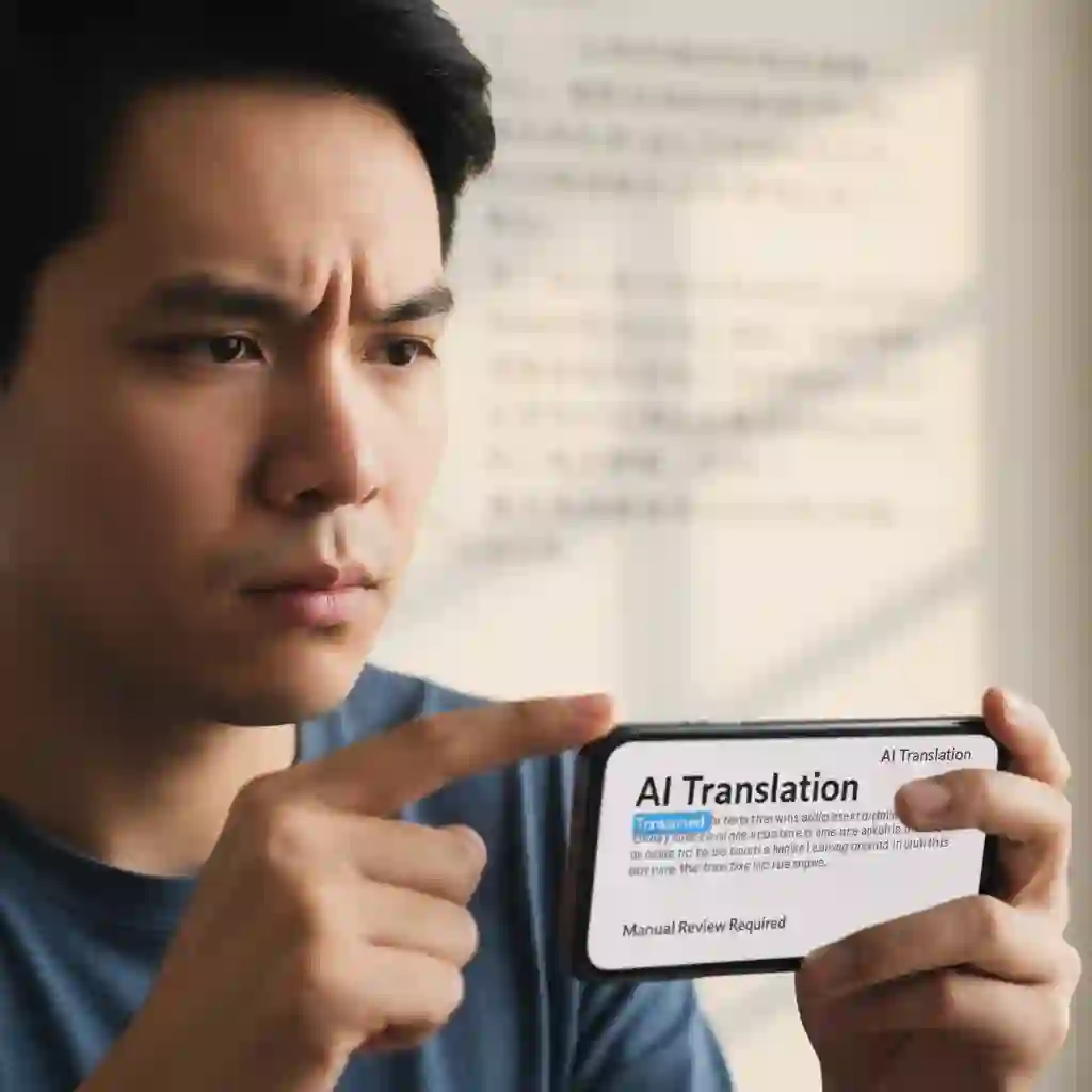 Illustration highlighting the importance of reviewing and proofreading results produced by a chinese image translator, checking context, idioms, addresses, and critical information to avoid misunderstandings and ensure trustworthy output.