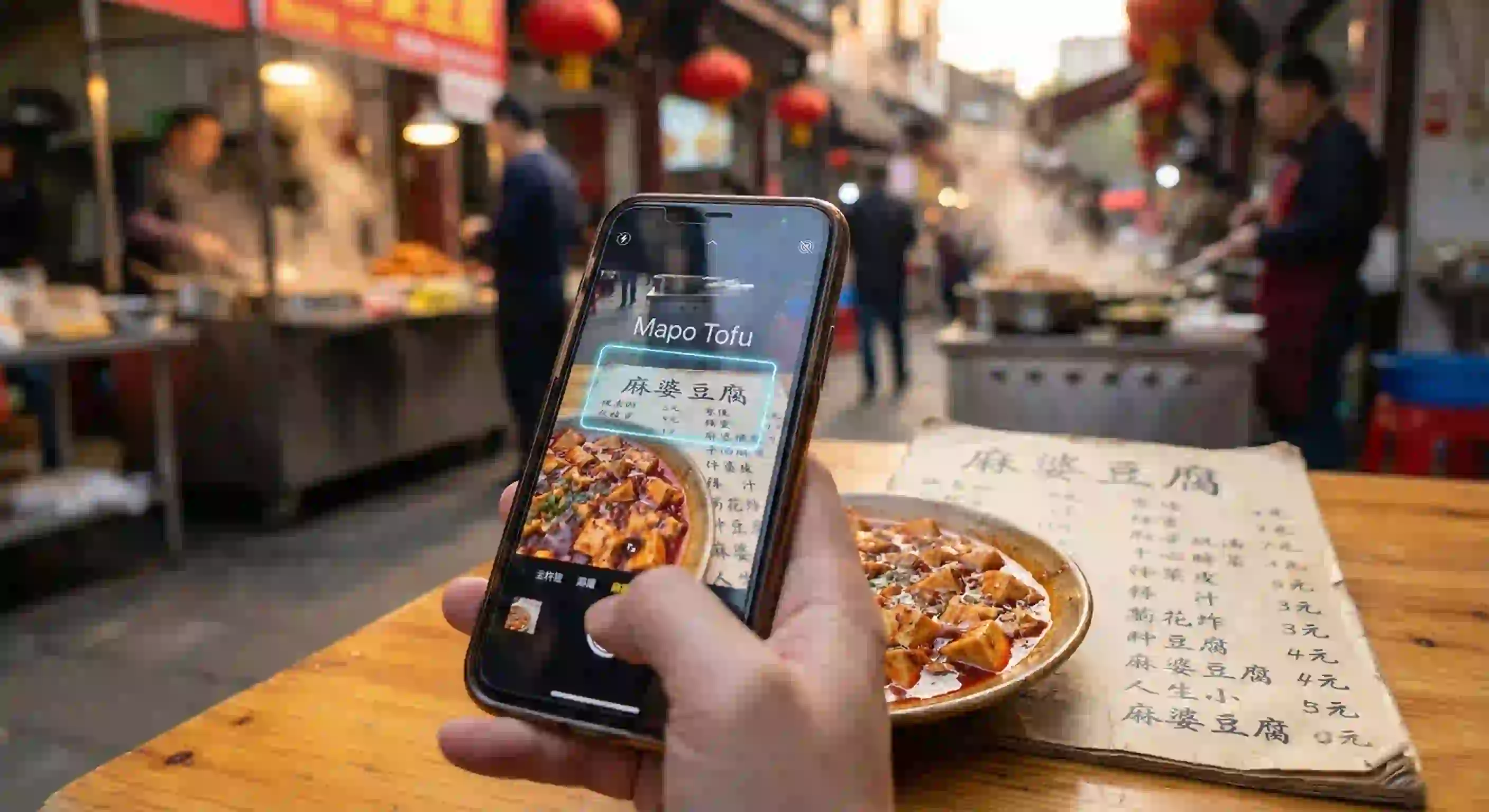 Photo of a restaurant menu being translated by a chinese image translator, turning printed Chinese dish names into English in real time, helping travelers order confidently and understand local cuisine without language barriers.
