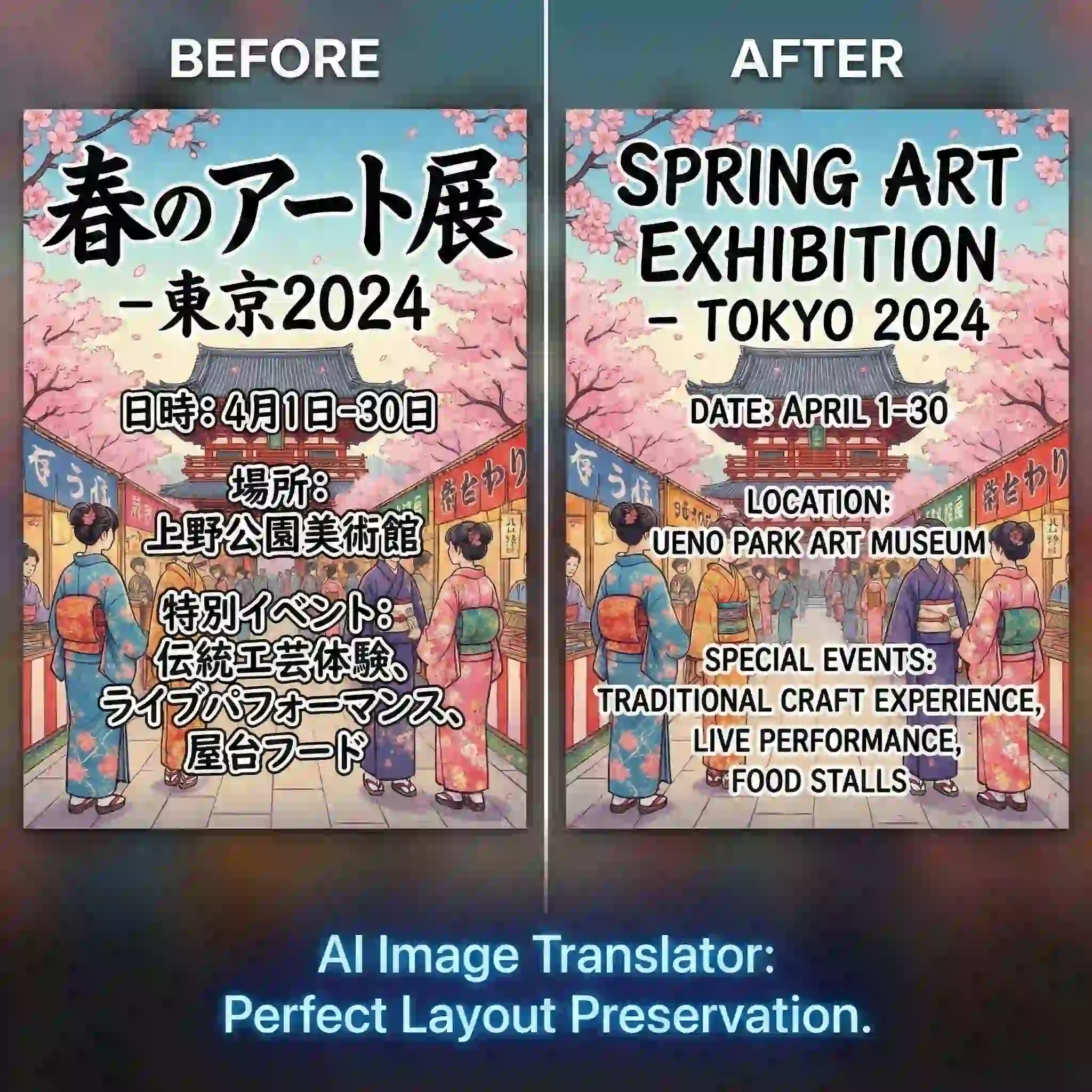 AI Image Translator demonstrating layout preservation to translate japanese image to english, automatically retouching and filling translated text back into the original design for polished, professional visual results.