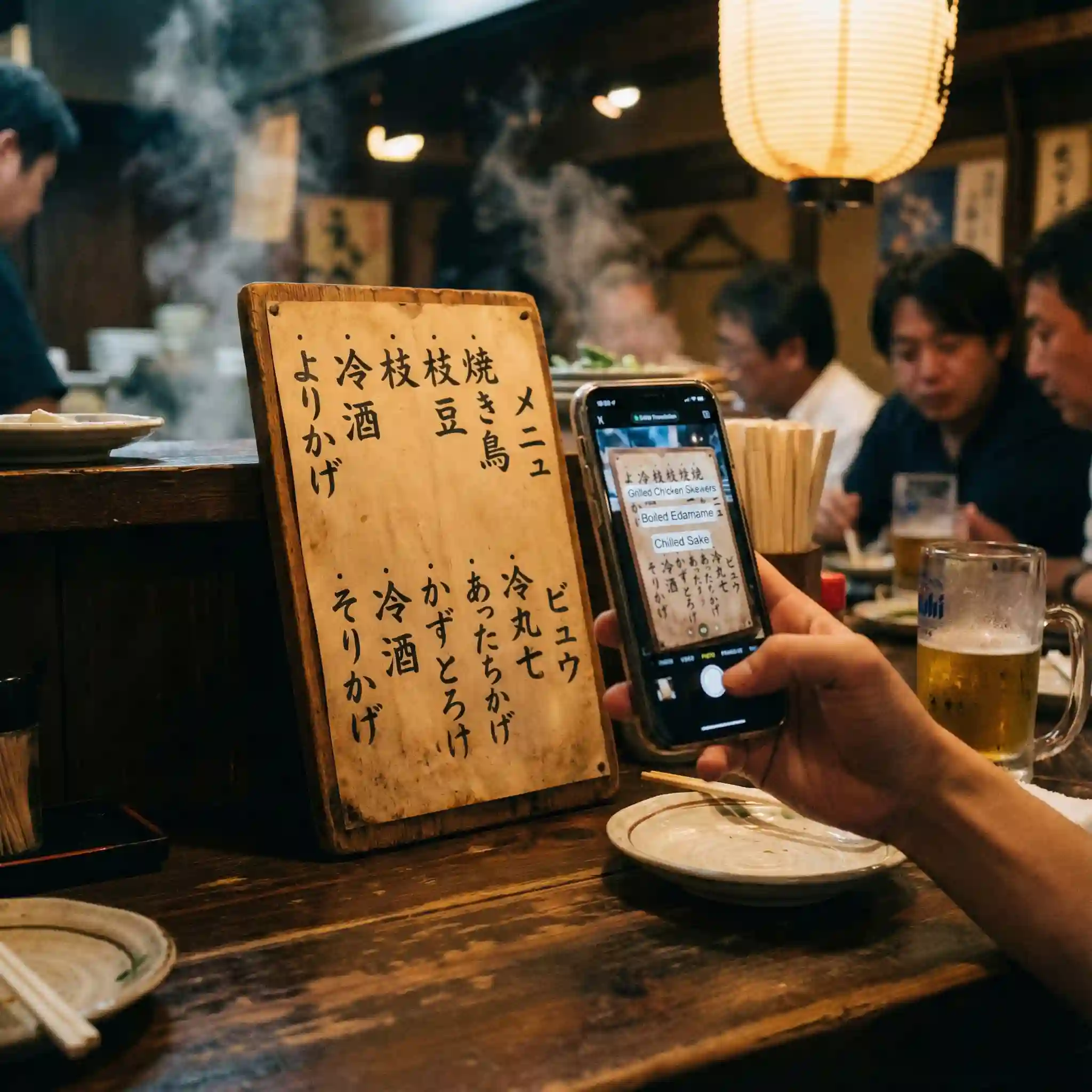 Menu translation scenario showing how travelers translate japanese image to english efficiently in restaurants, optimizing lighting, stability, and vertical text detection to make confident ordering decisions.