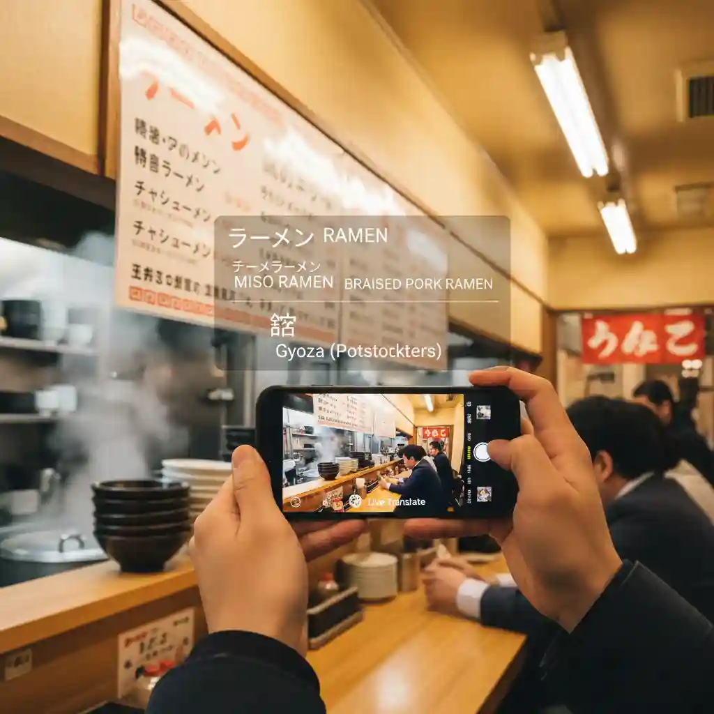 Mobile screenshot demonstrating Google Translate camera mode used to translate japanese image to english in real time, overlaying readable English text on menus, signs, and everyday scenes for quick understanding.